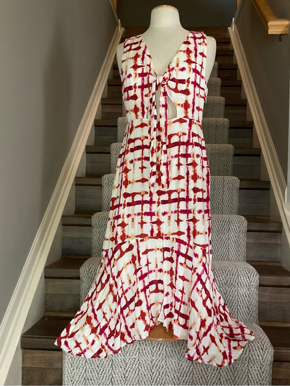 Tie-Front Red and Cream Linen Midi Dress